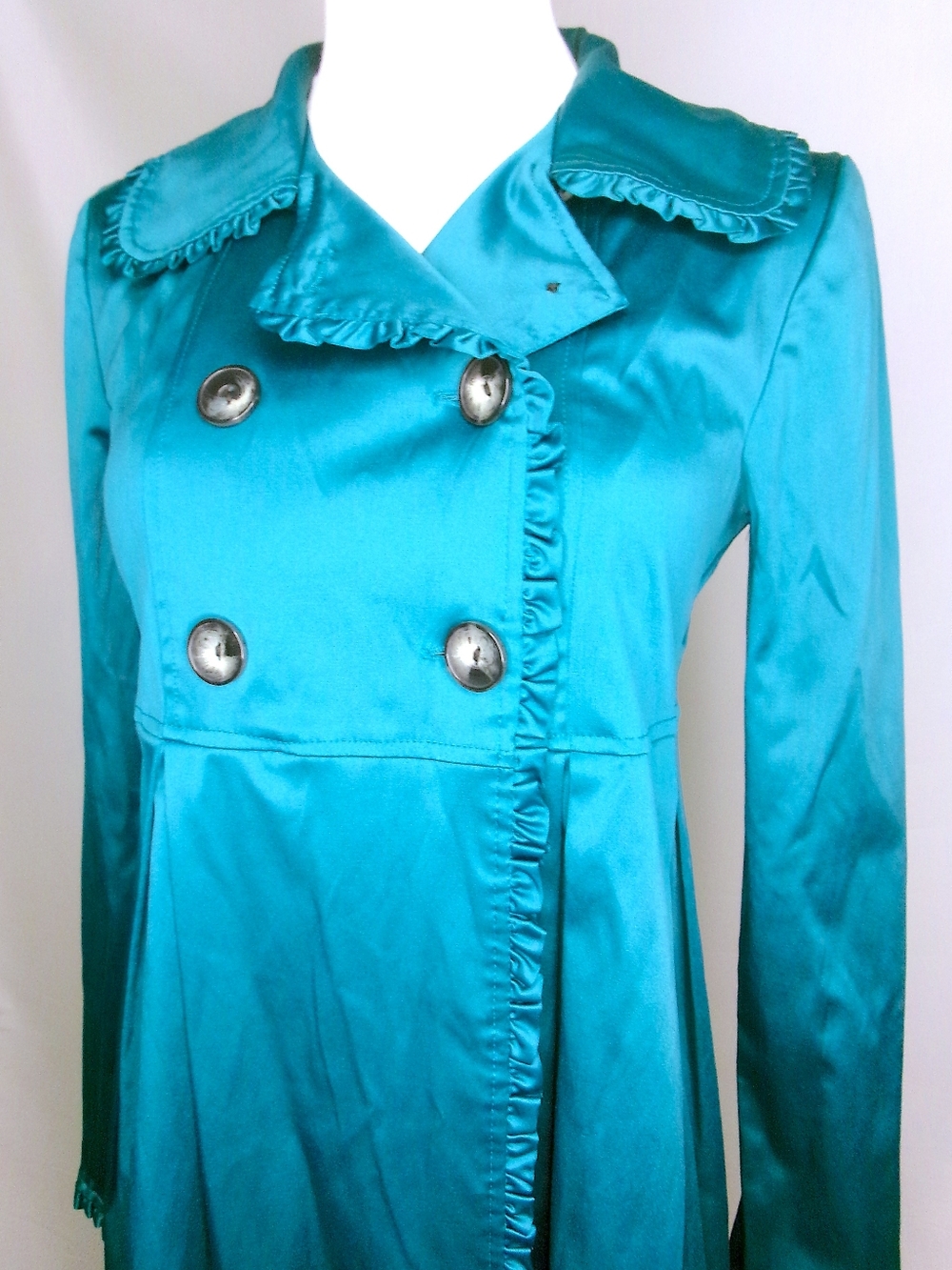 A.Byer Teal Satin Ruffle Double Breasted Trench Coat Jacket Small